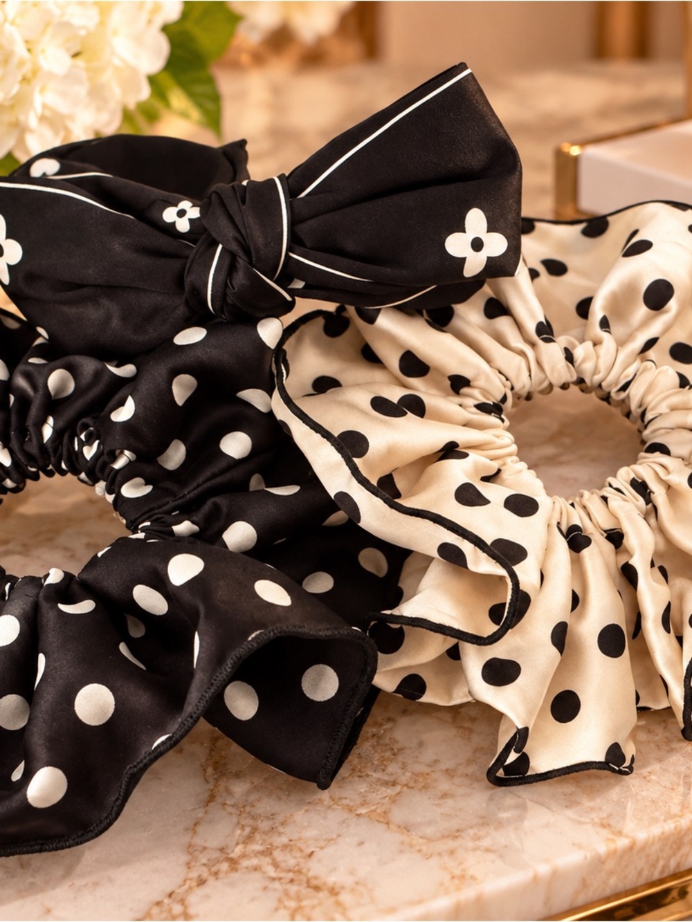Black & Cream Polka Dot Satin Scrunchie Duo with Bow
